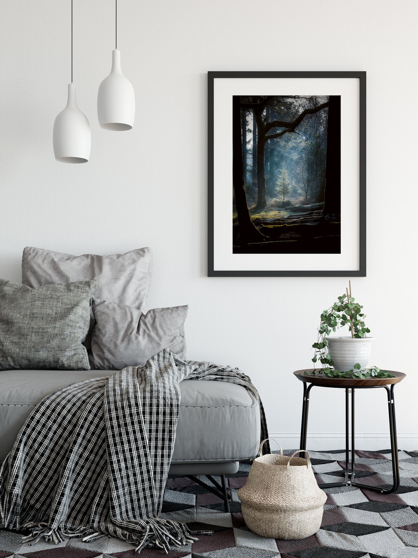 framed print of spotlit tree in a forest