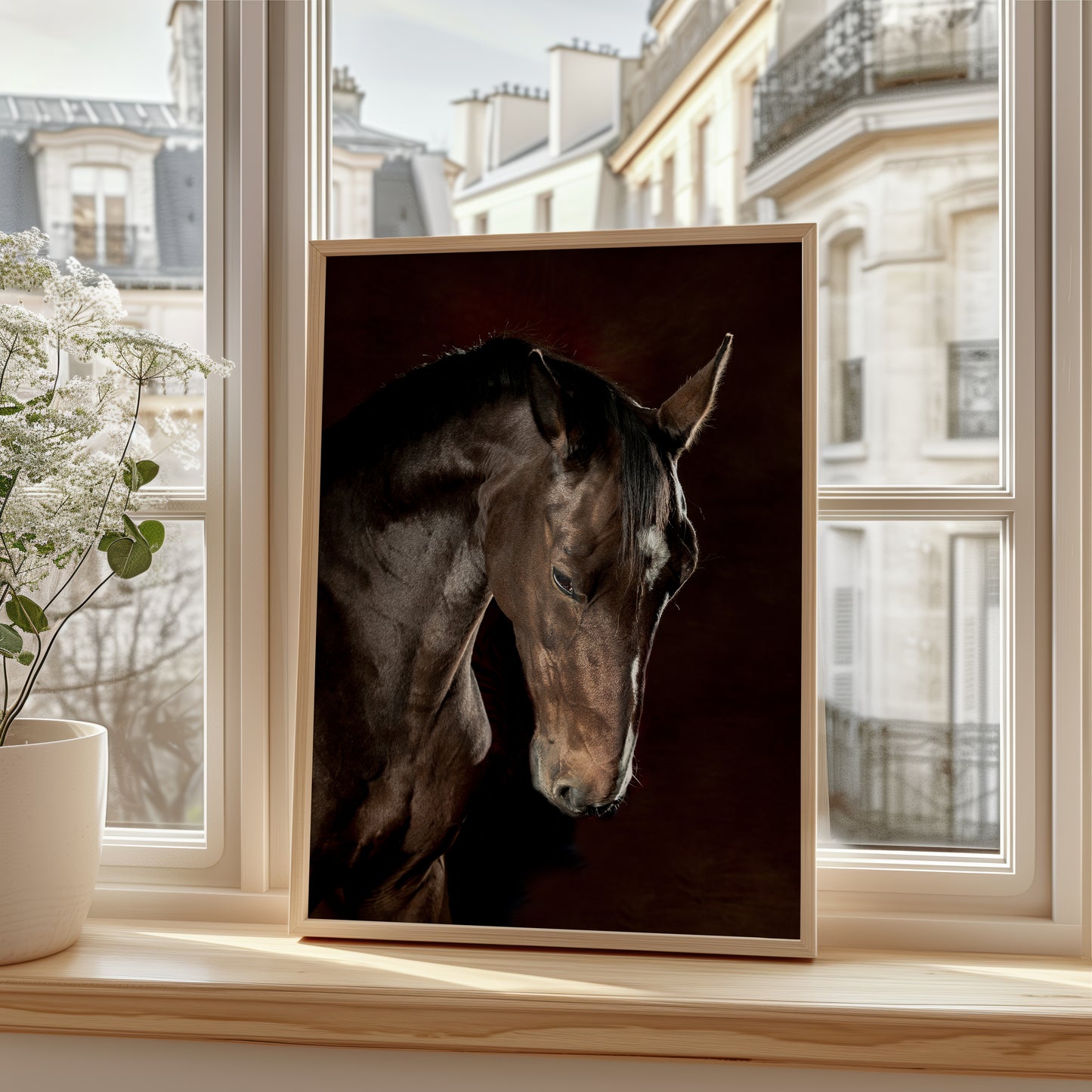 framed portrait of bay horse on windowsill in Paris appartment