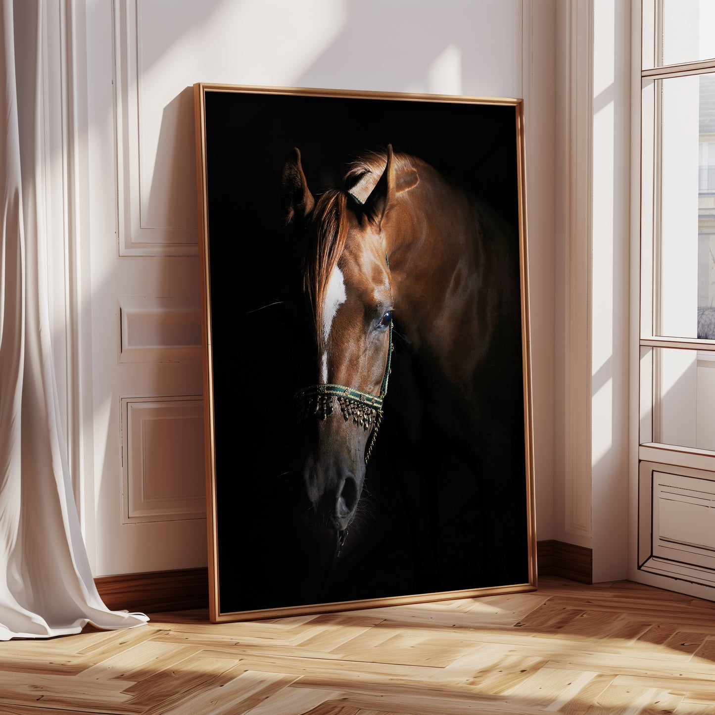 chestnut arab horse in a frame on the floor by a window