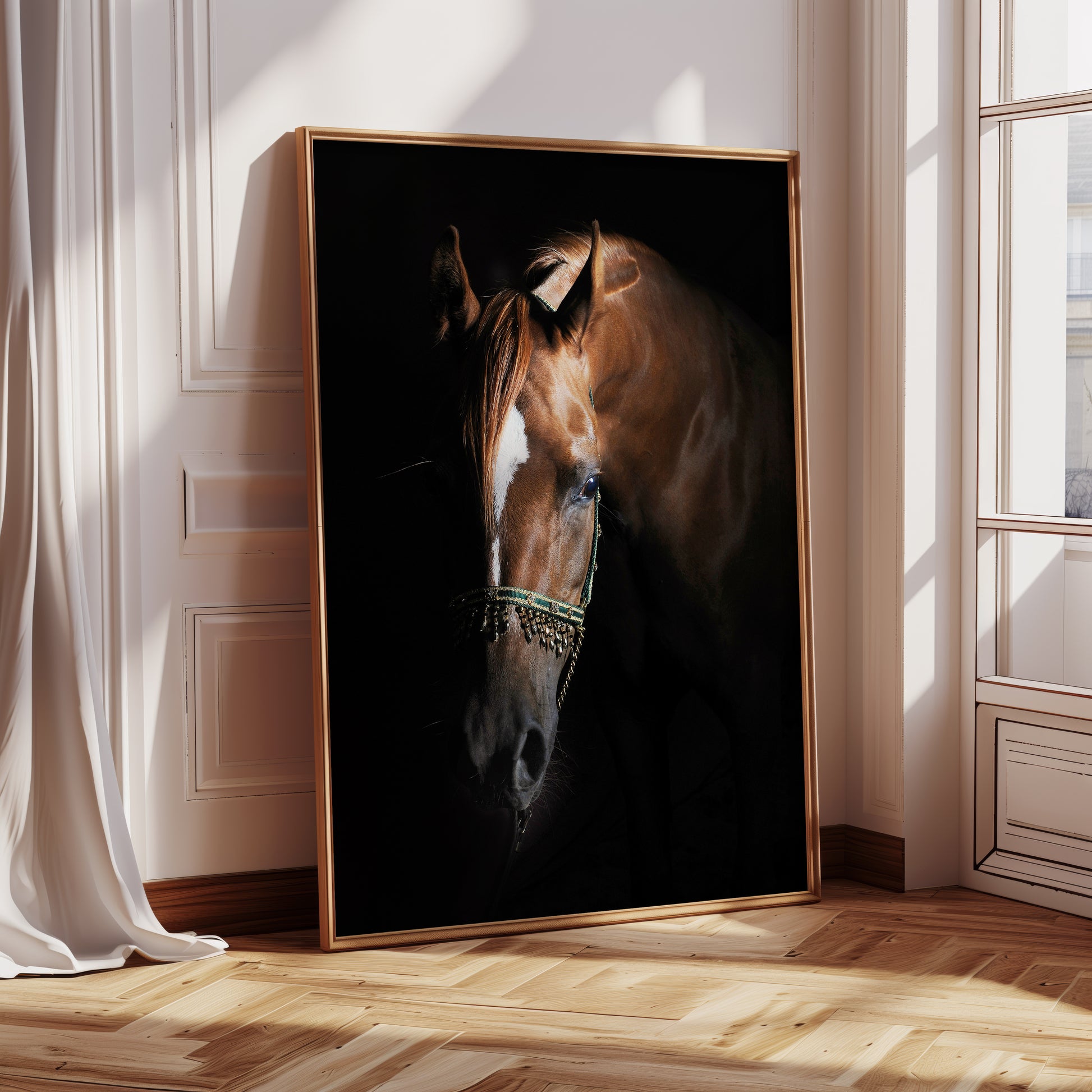 chestnut arab horse in a frame on the floor by a window