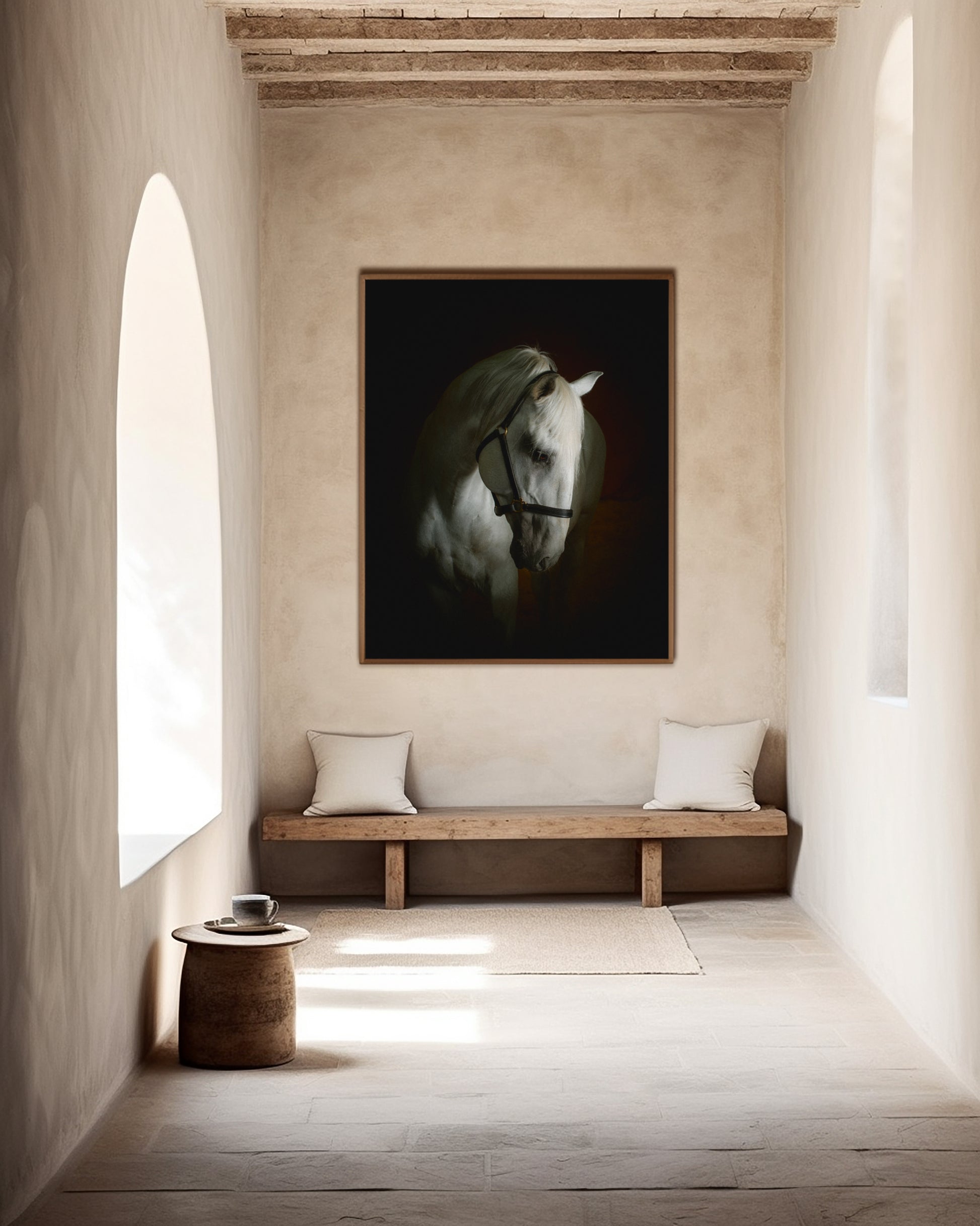 framed photo grey horse in hallway