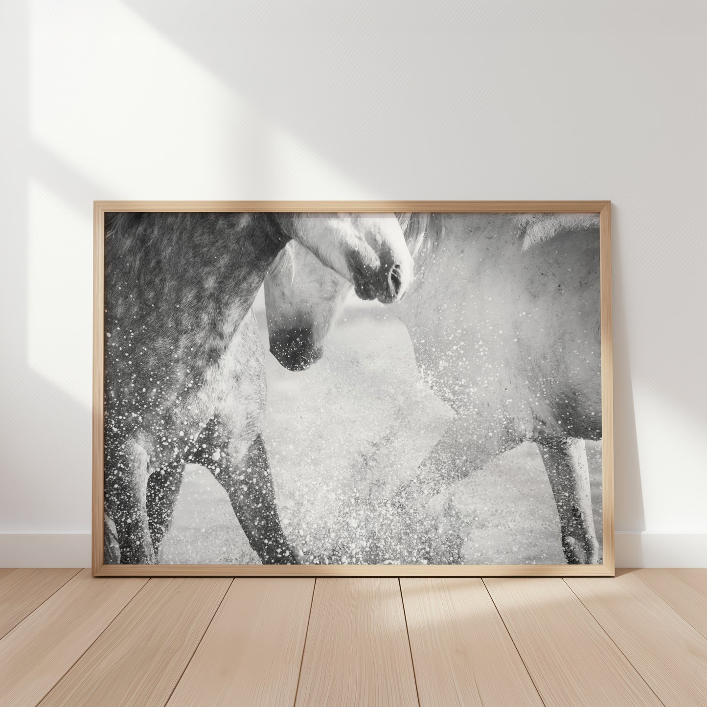 two grey horses splashing in water in a light frame on the floor