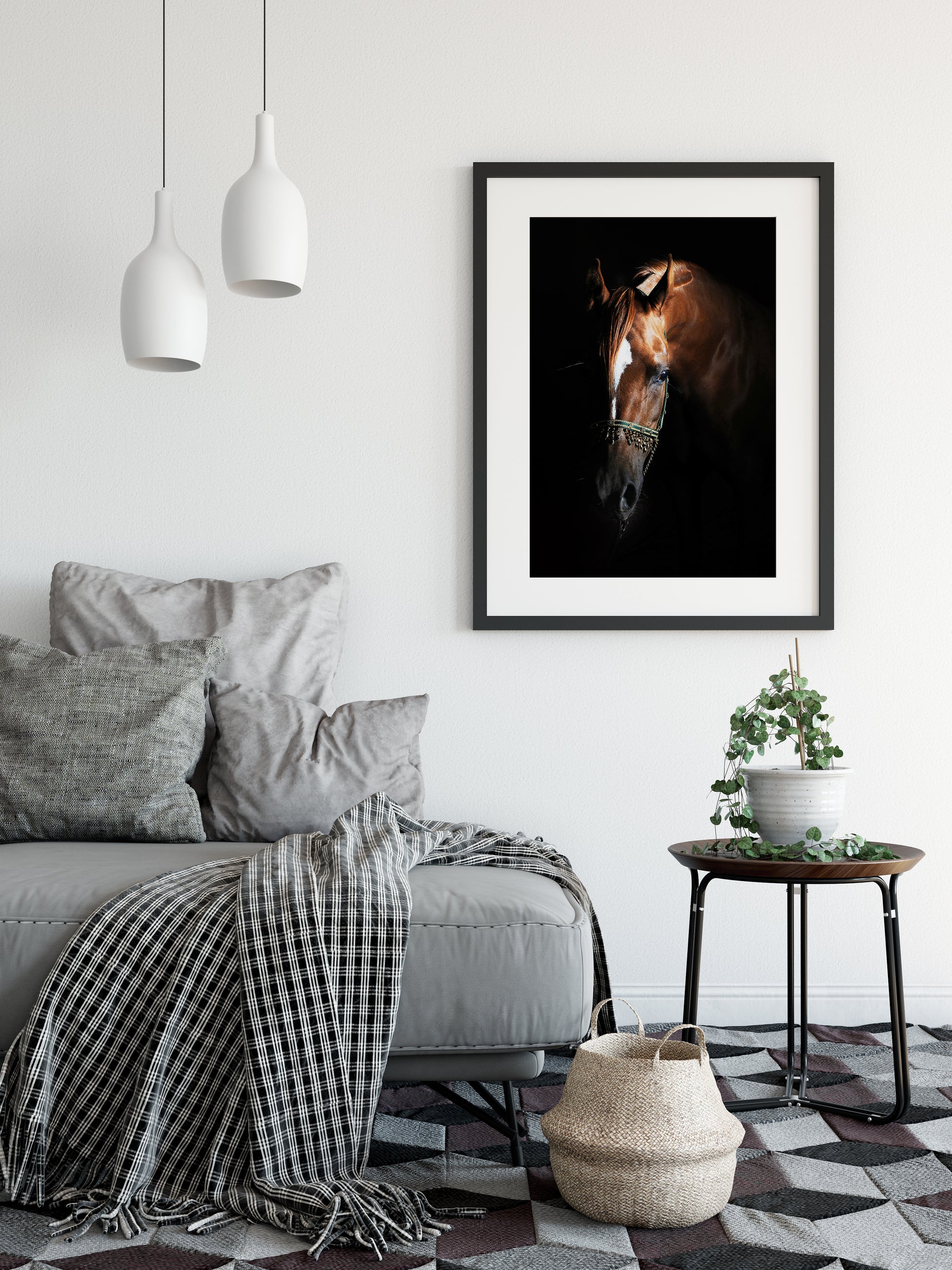 chestnut arab horse in frame on wall in grey bedroom