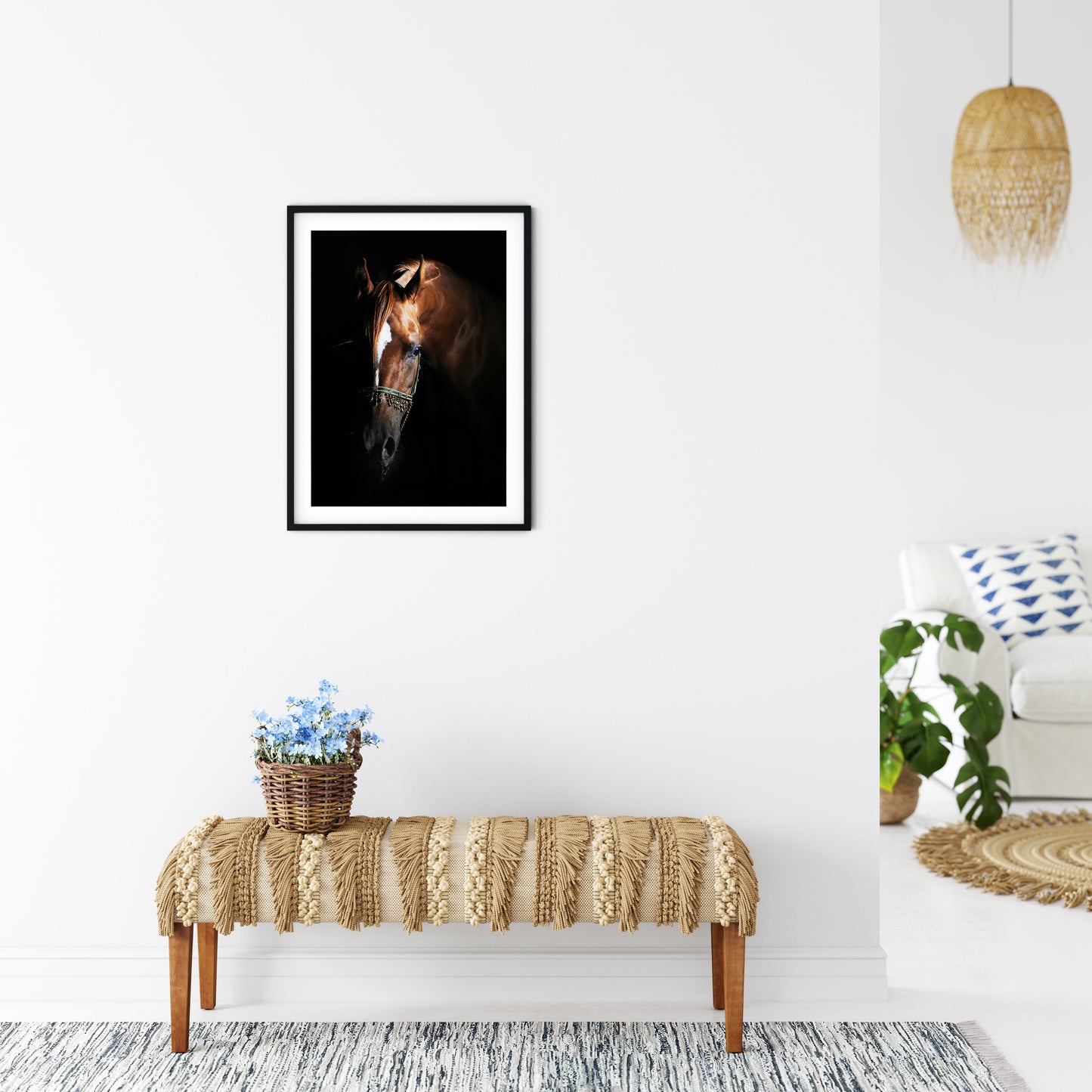 chestnut arab horse in frame on wall in coastal style home