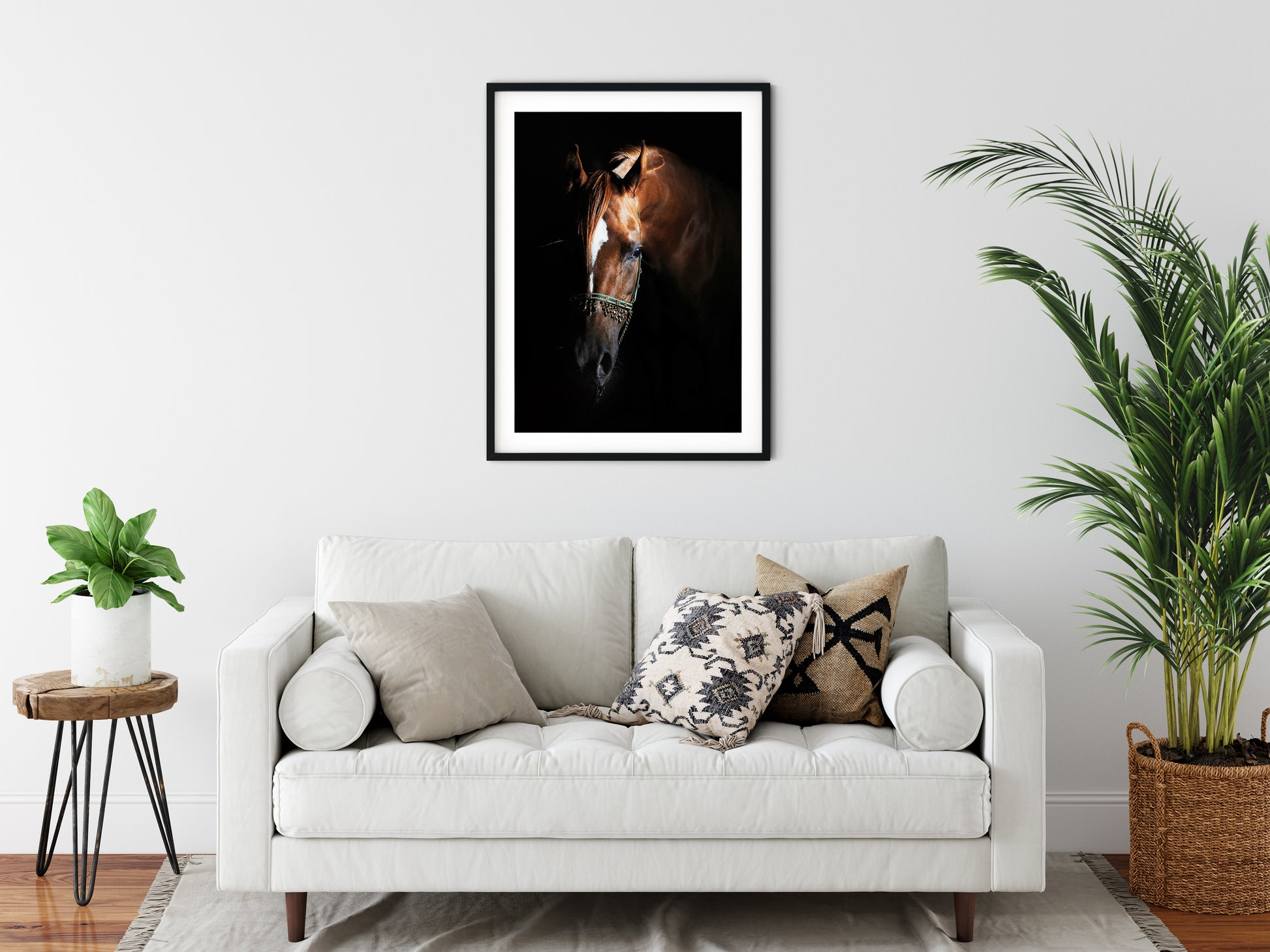 chestnut arab horse in frame on wall in minimalist living room