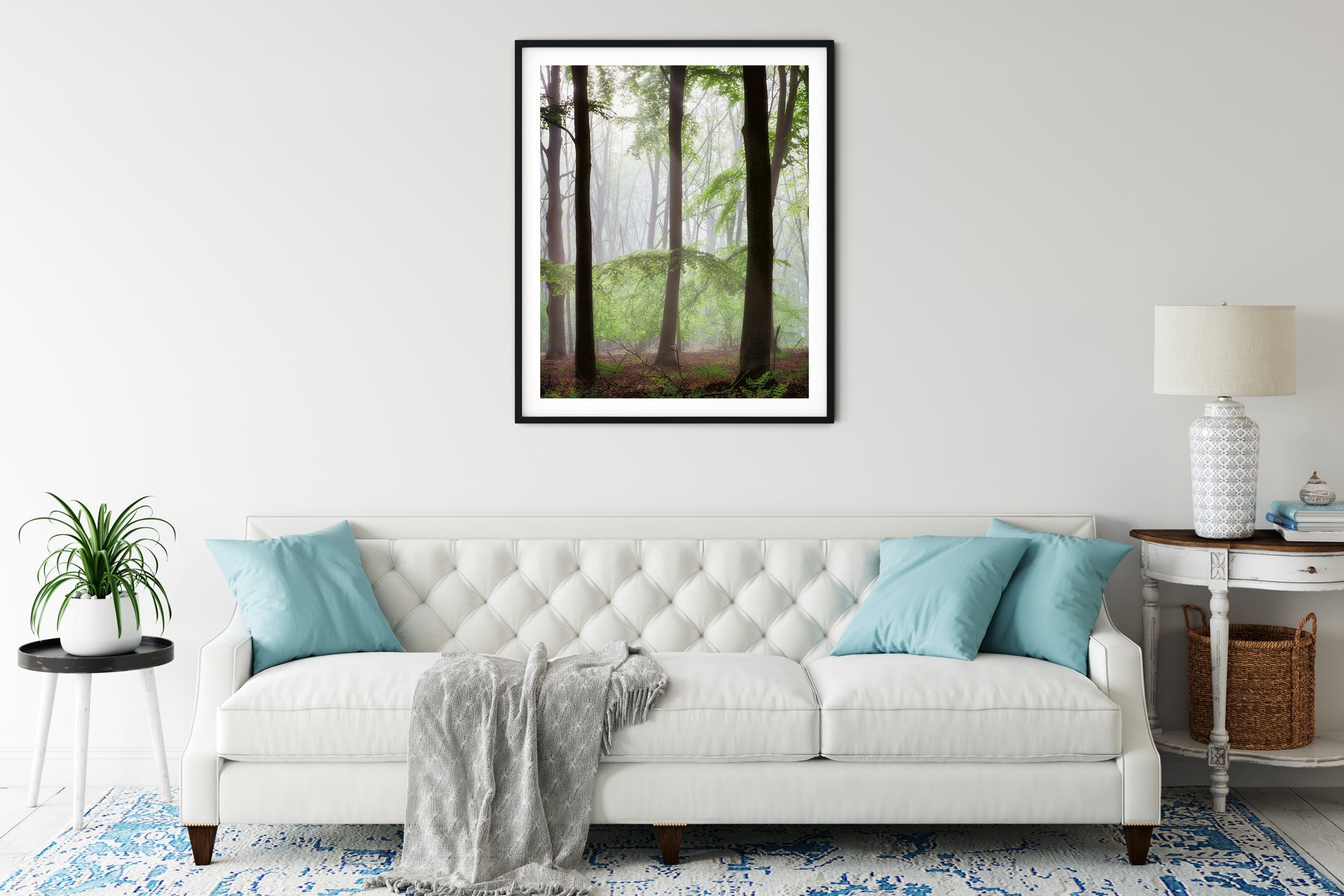 framed print of trees in a forest with mist